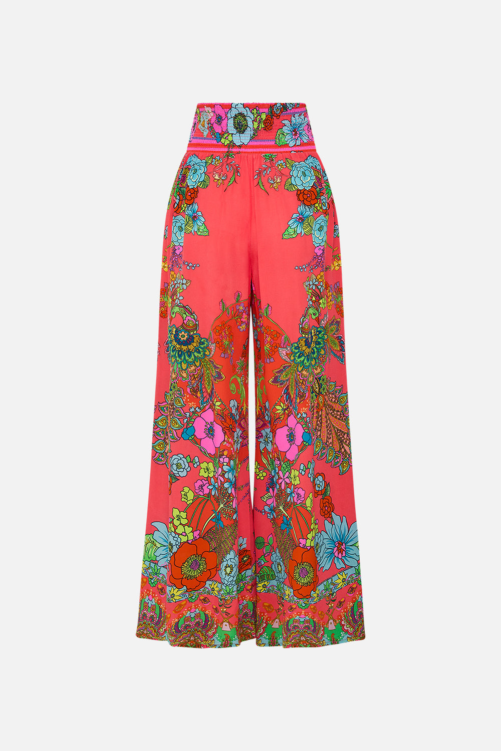 CAMILLA pink shirred waist pant in Windmills And Wildflowers print.