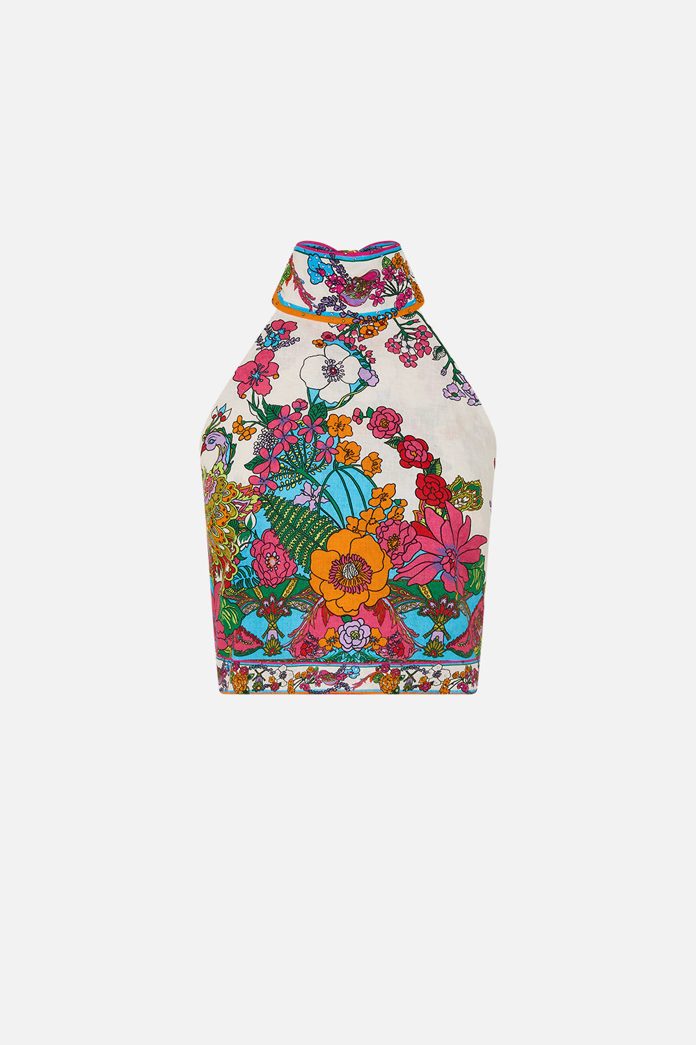CAMILLA floral halter tie back top in Cosmi Prairie print.