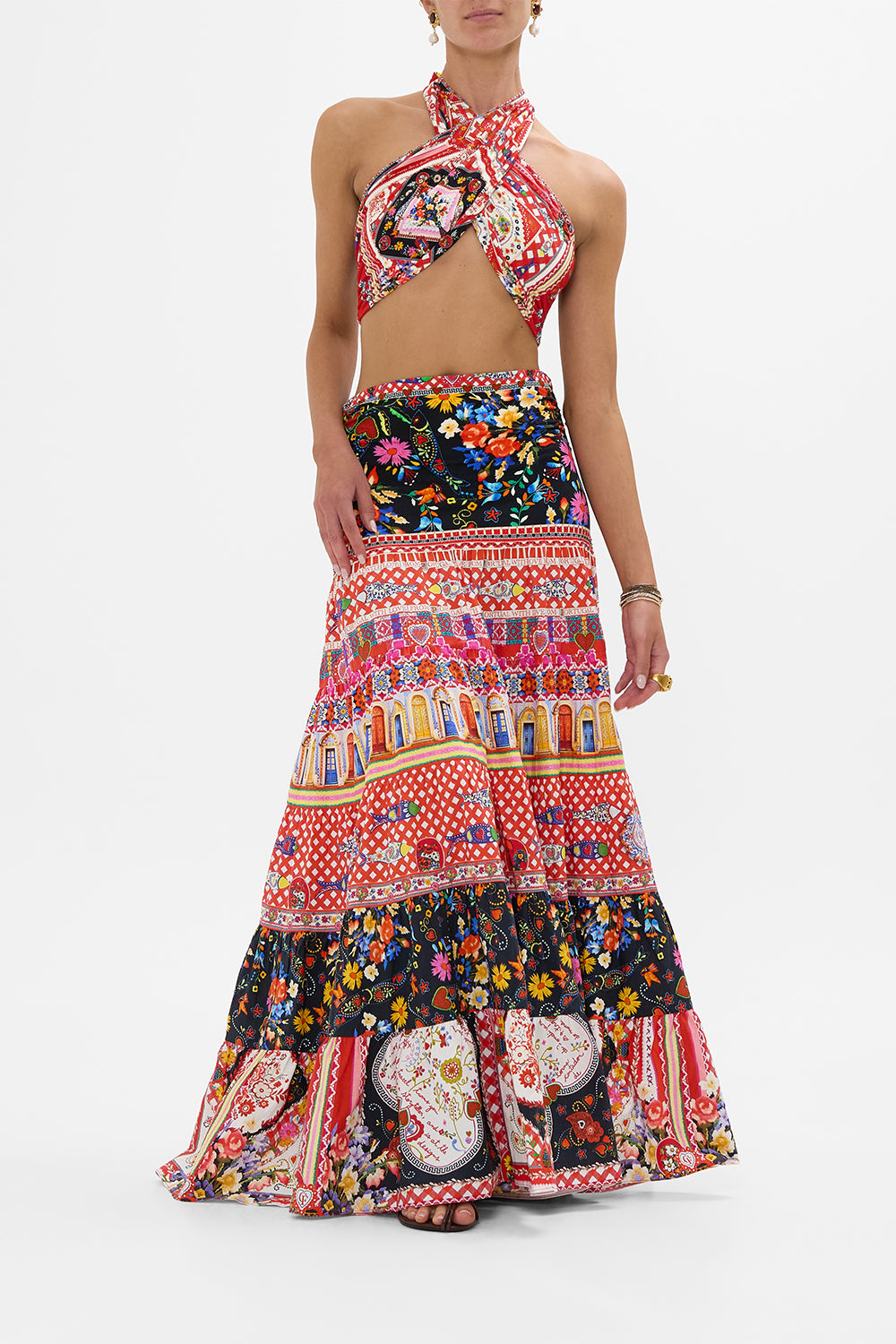 CAMILLA Jersey Tie Up Scarf Top in Folk Fabulous print