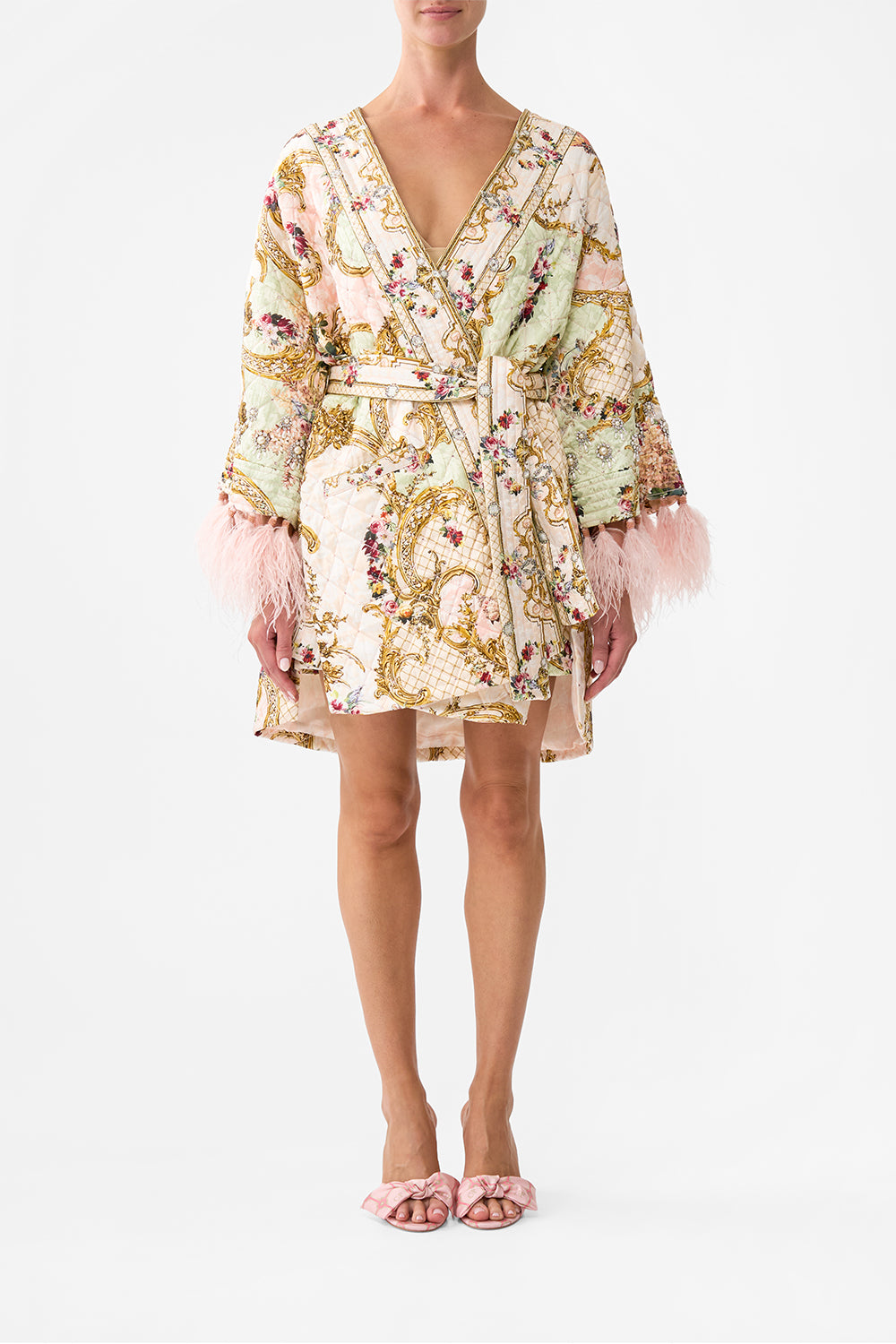 LAYER WITH TIE BELT AND FEATHERS THE QUEENS QUARTERS