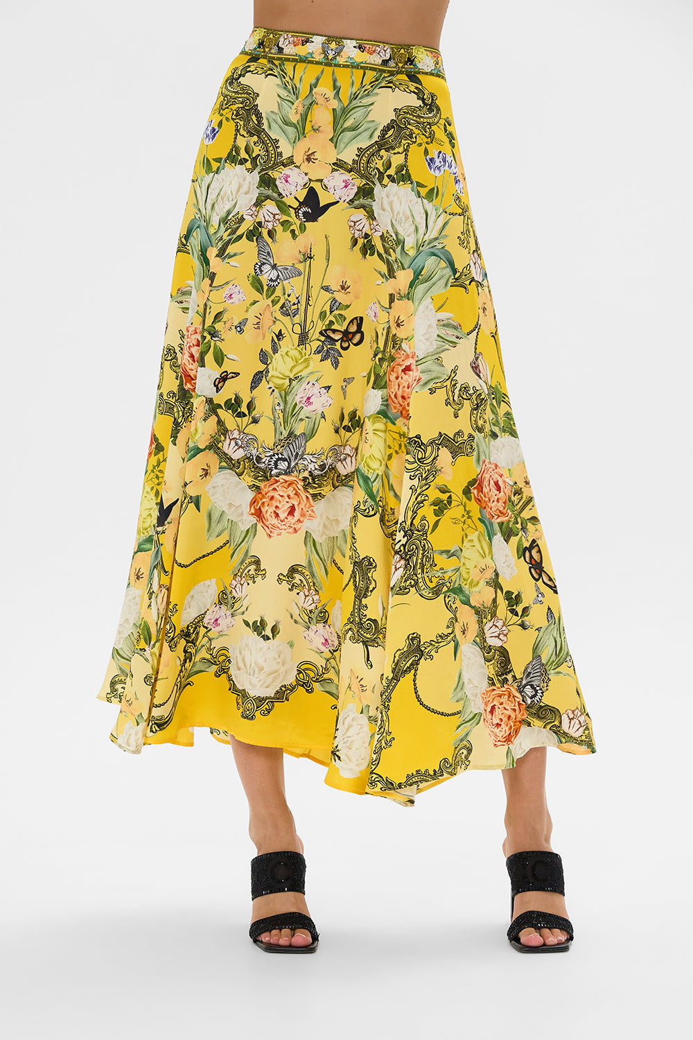 CAMILLA yellow floral panel flared maxi skirt in Paths Of Gold print