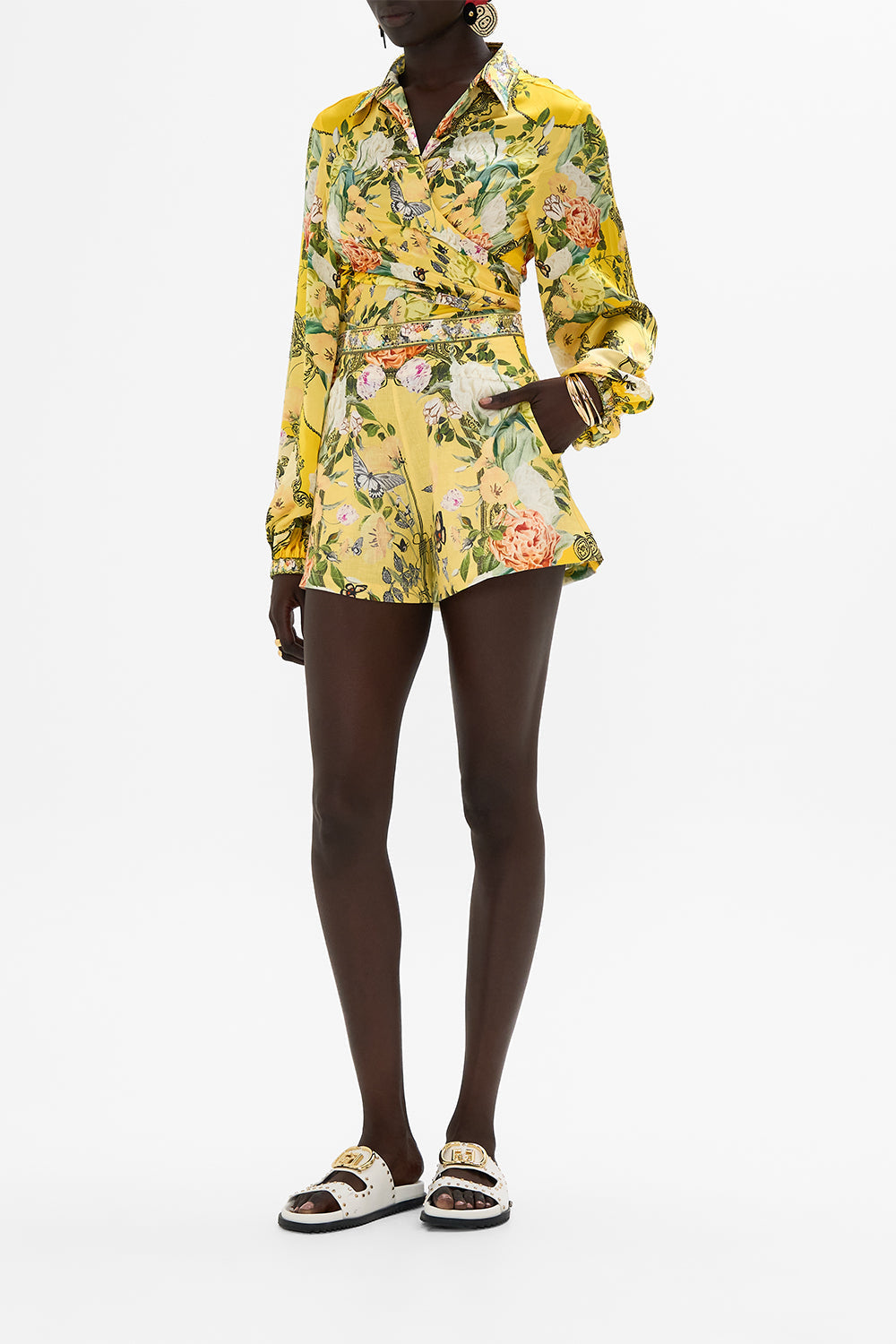 CAMILLA yellow line shorts in Paths of Gold print