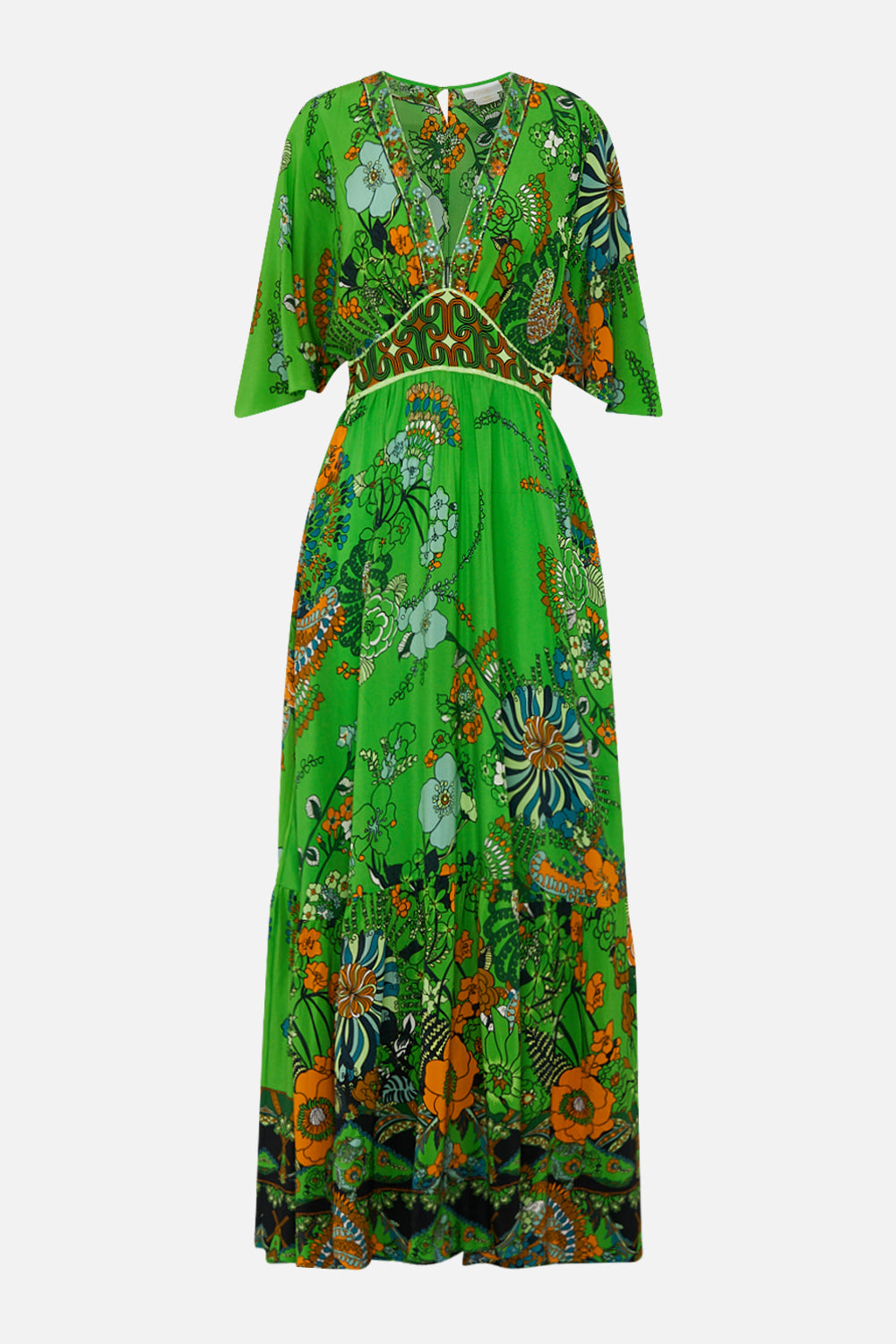 CAMILLA green waisted dress with hem ruffle in Good Vibes Generation print.