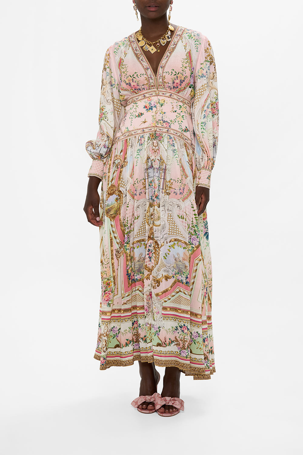 CAMILLA Button Through Dress With Extended Waistband in Lisbon Lullaby print