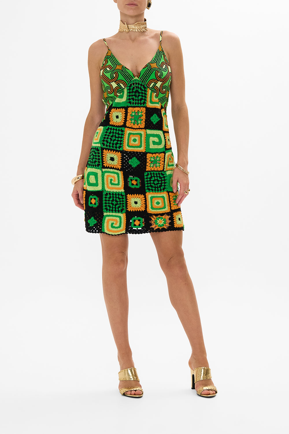 CAMILLA green mini crochet dress with silk top in Good Vibes Generation print.