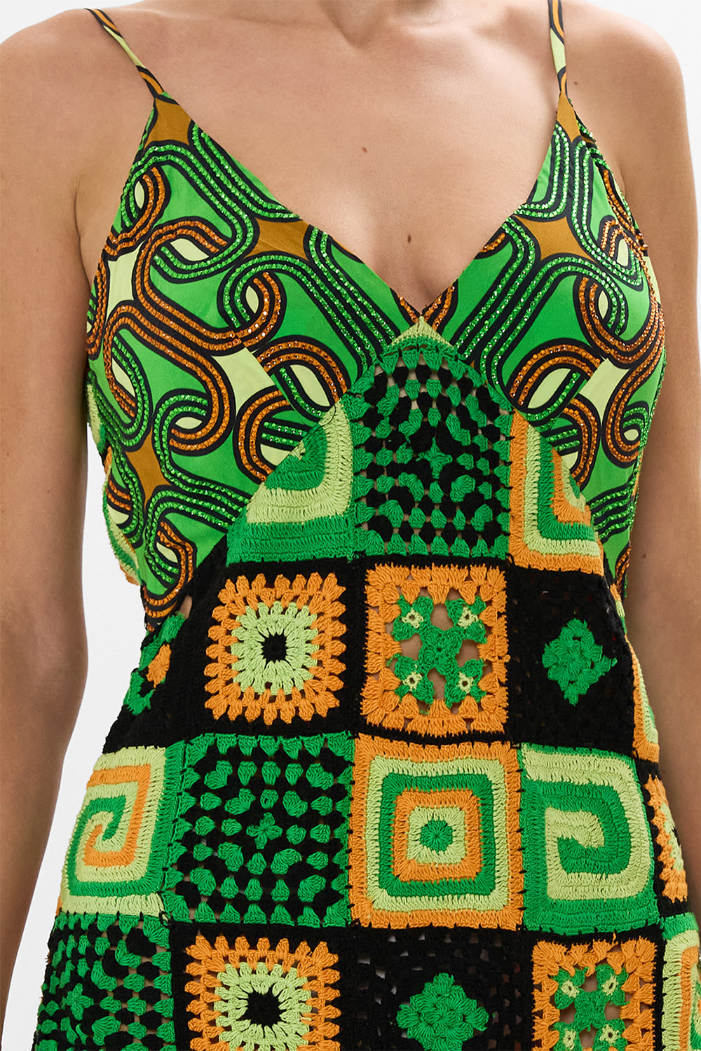 CAMILLA green mini crochet dress with silk top in Good Vibes Generation print.