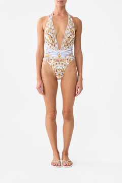 PLUNGE FRONT HALTER ONE PIECE WITH TRIM THRONE GAMES