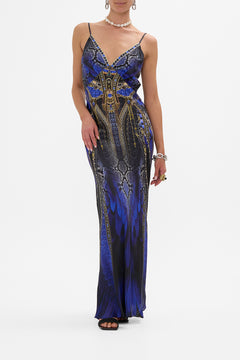 CAMILLA V-Neck Full Length Bias Slip Dress in Other Side of the Oasis print.