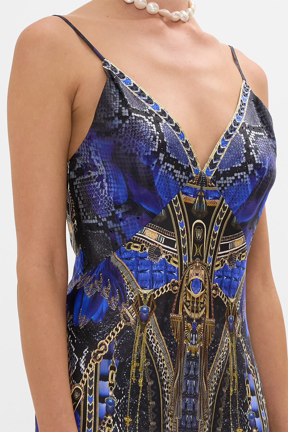 CAMILLA V-Neck Full Length Bias Slip Dress in Other Side of the Oasis print.