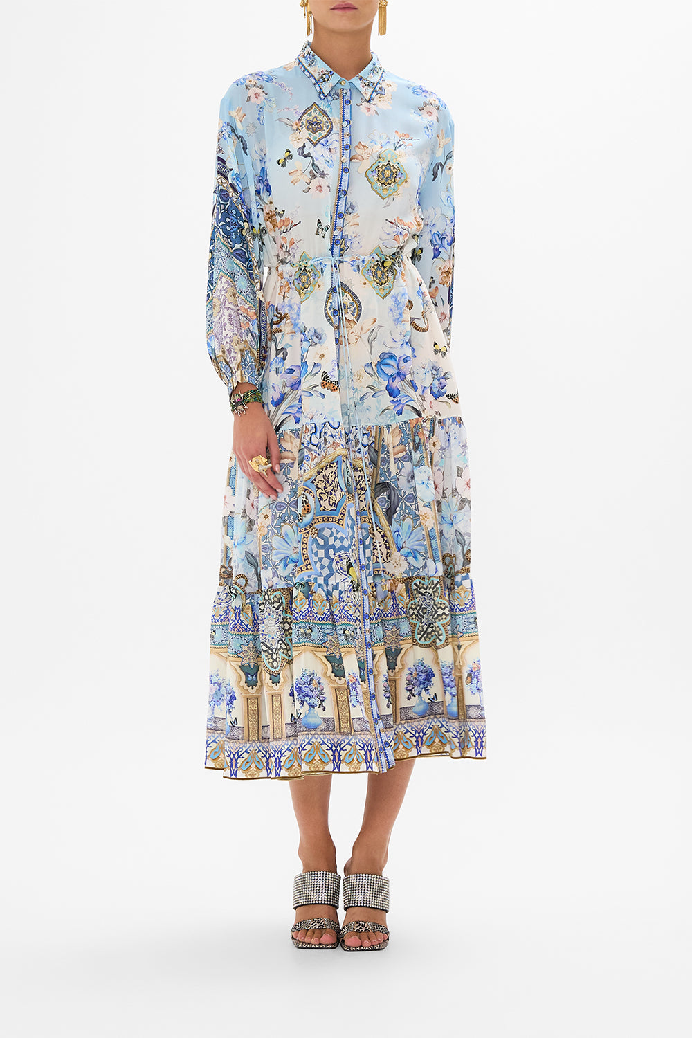 CAMILLA Tiered Long Shirt Dress in Al Manial Palace Memoirs print