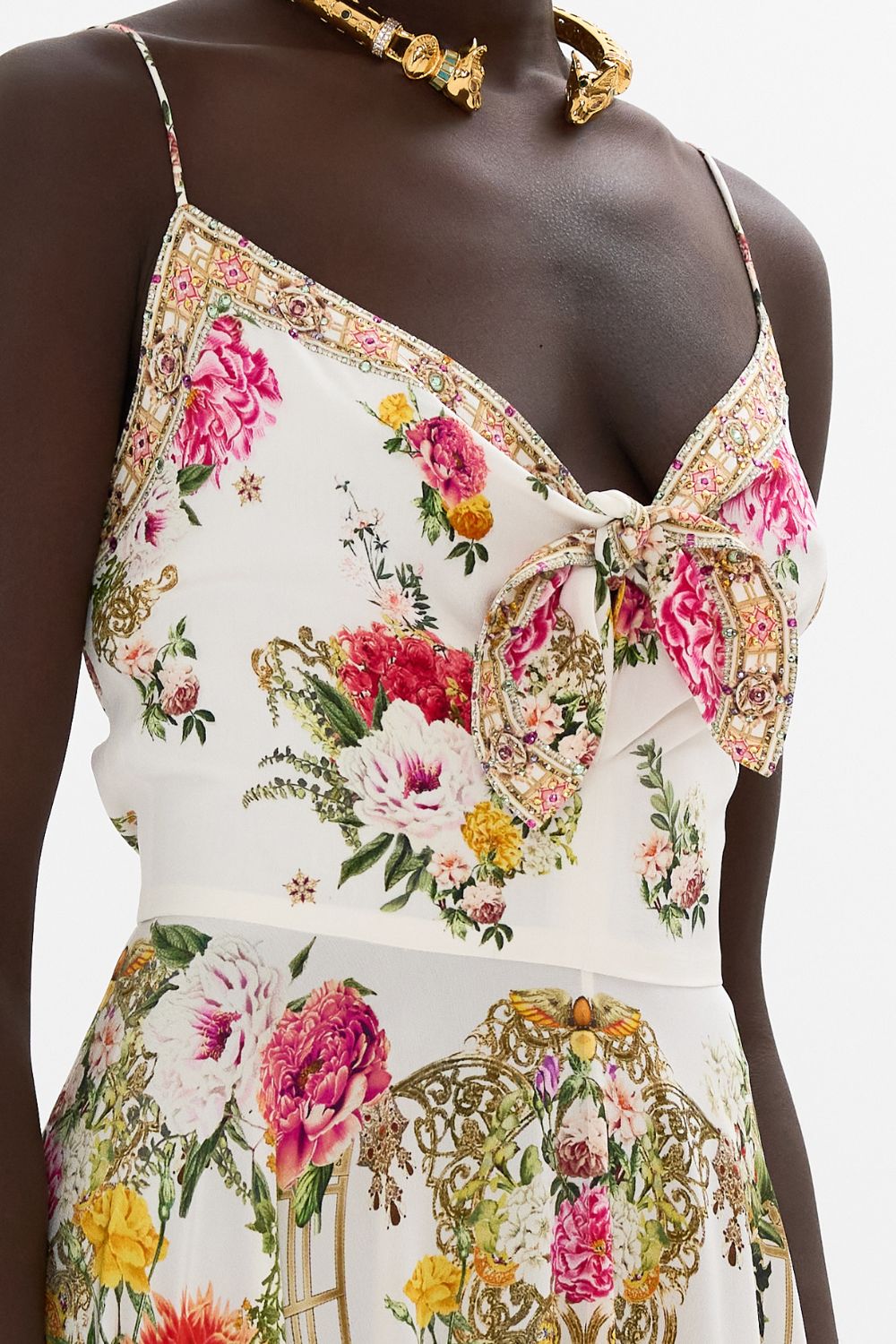 CAMILLA Long dress with tie front in Egyptian rose print.