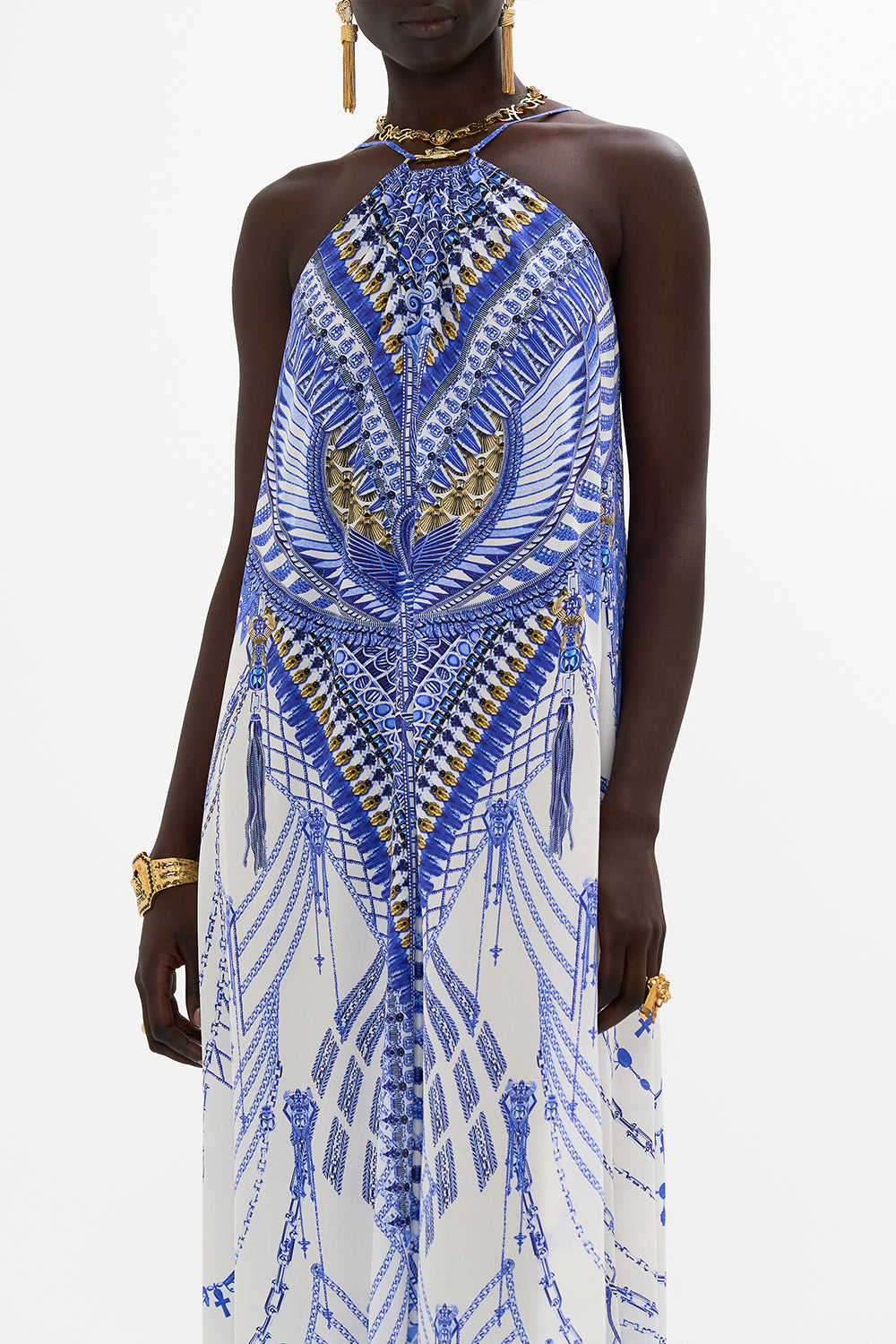 CAMILLA Gather Neck Hardware Maxi Dress in Dancing with Daylight Print.