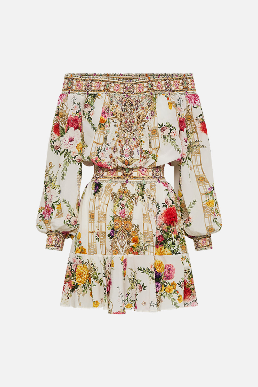 CAMILLA Off shoulder short dress in Egyptian rose print.