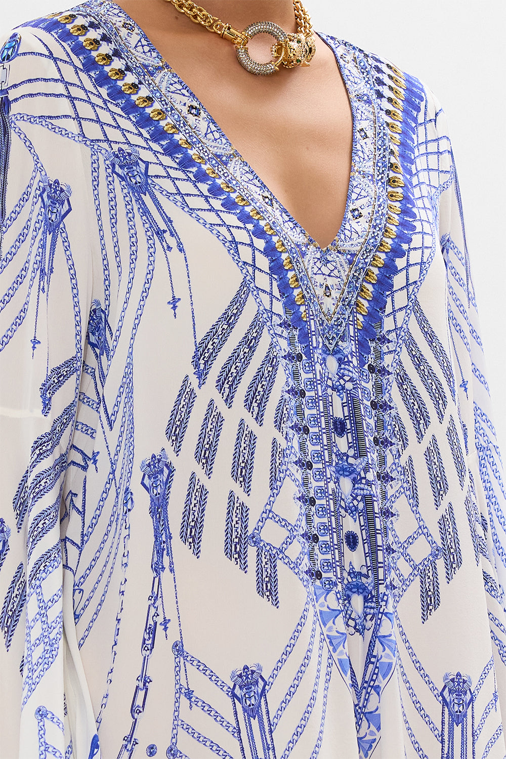 CAMILLA V-Neck Flared Sleeve Mini Dress in Dancing With Daylight Print.