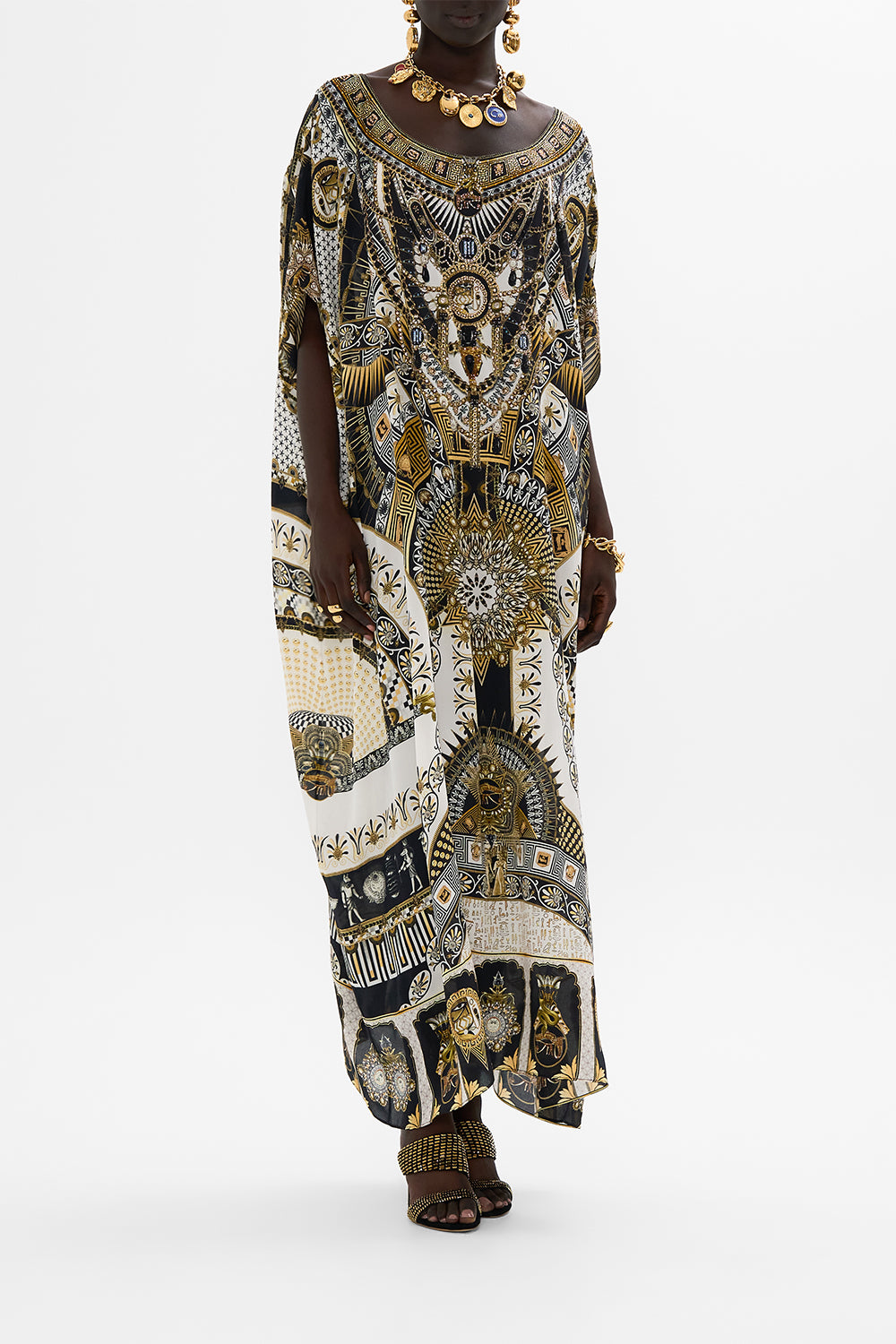 CAMILLA Round Neck Kaftan in Temples Of Dendara Print.