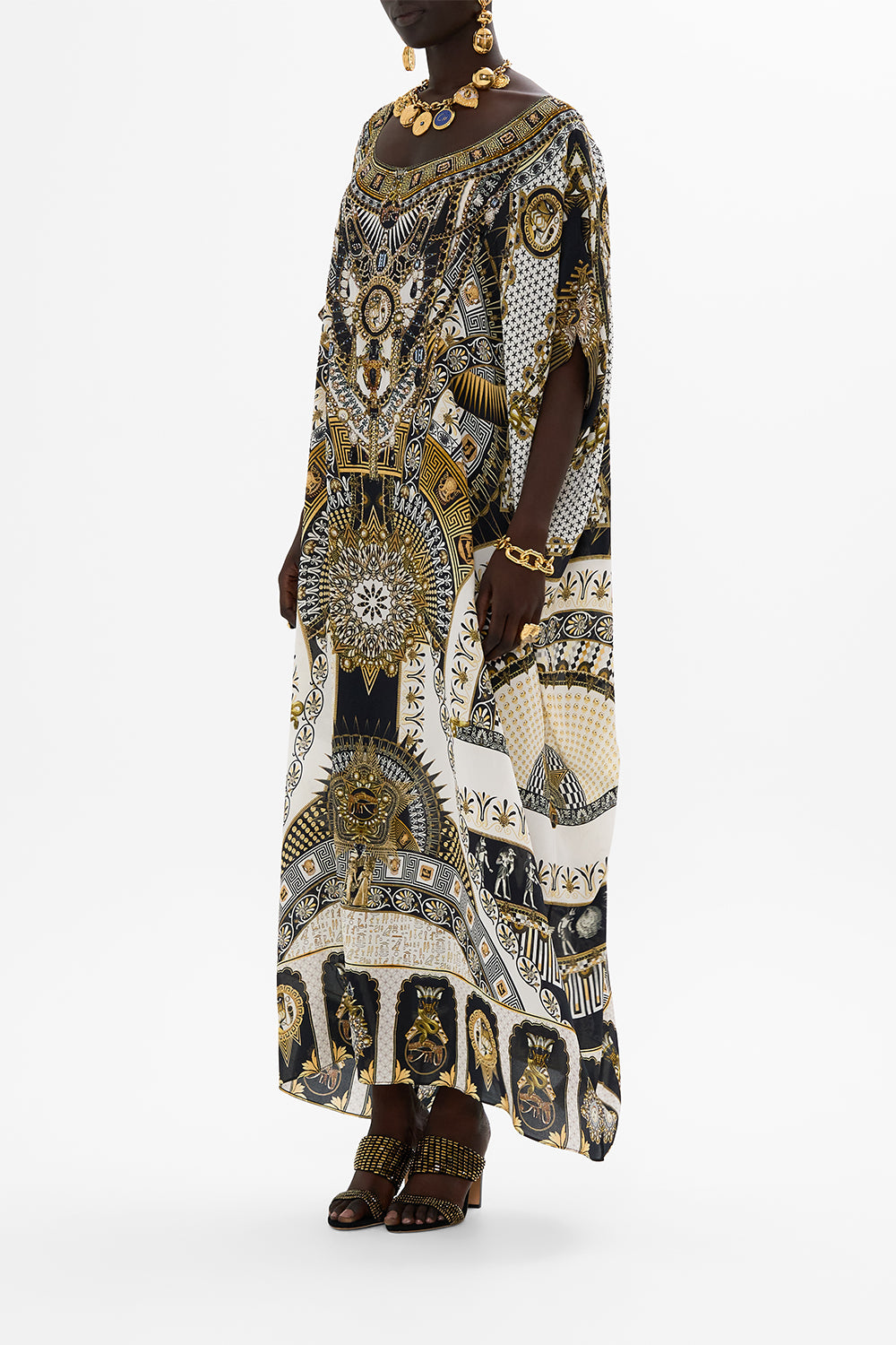 CAMILLA Round Neck Kaftan in Temples Of Dendara Print.