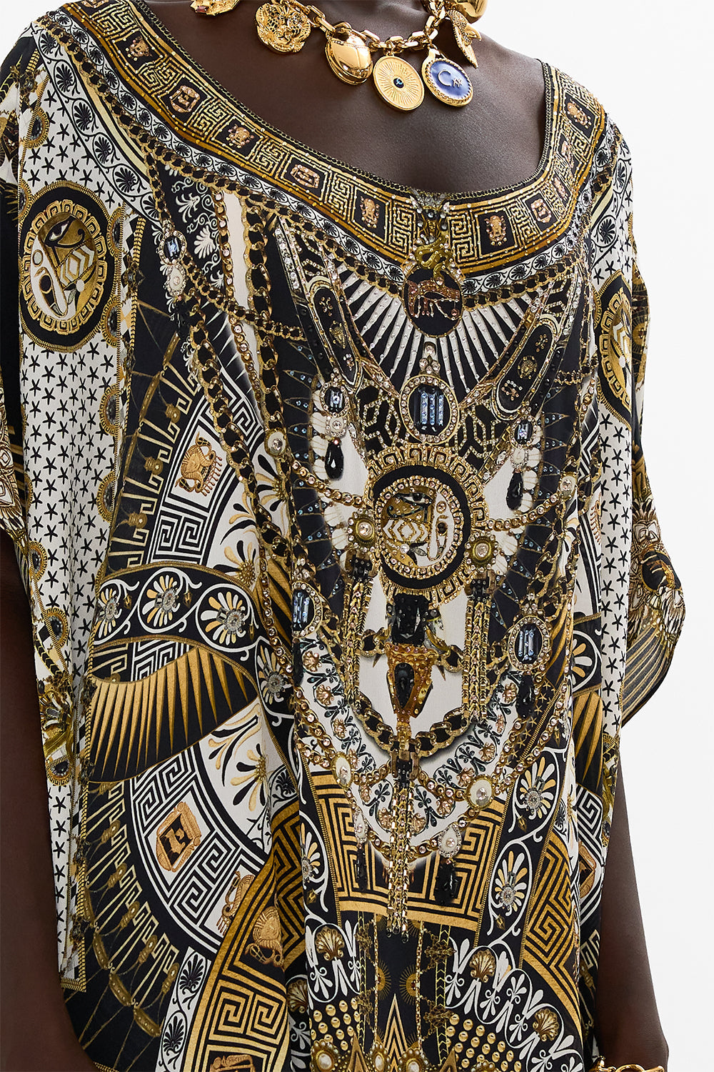 CAMILLA Round Neck Kaftan in Temples Of Dendara Print.