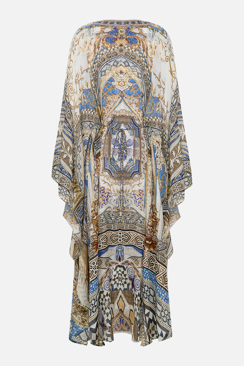 CAMILLA Long Kaftan with Waist Detail in Make Me Your Mosaic Print.
