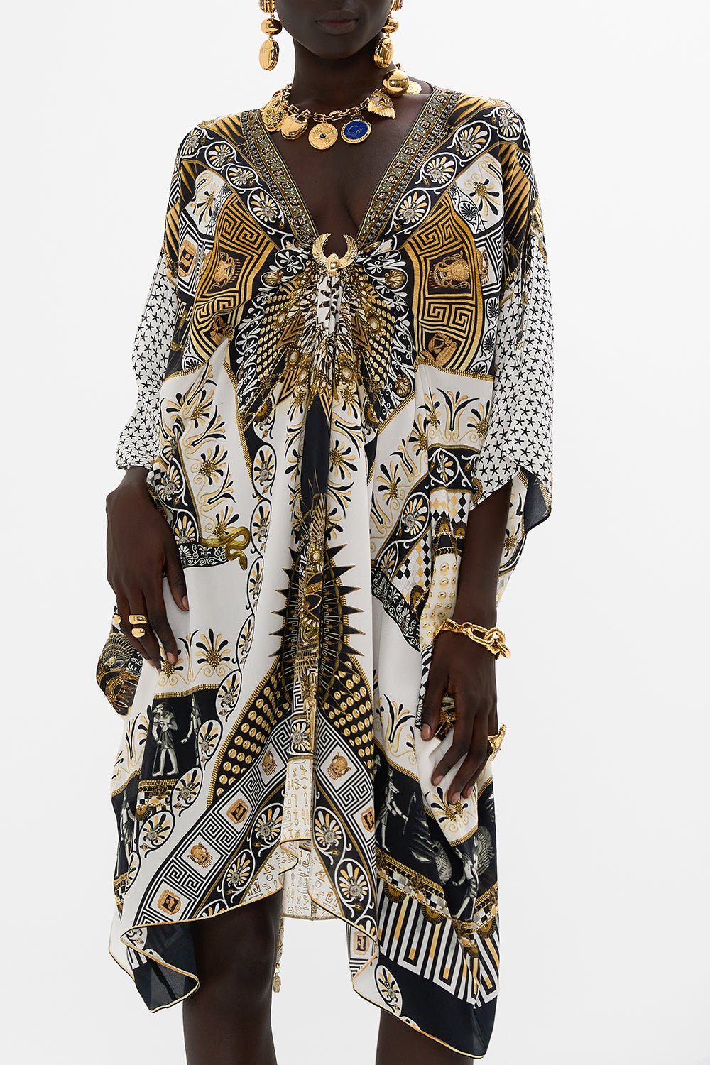 CAMILLA Short Kaftan With Hardware in Temples of Dendara Print.