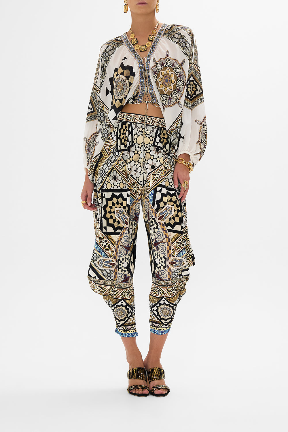 CAMILLA Lace-Up Front Blouson Sleeve Blouse in Tile Style Print