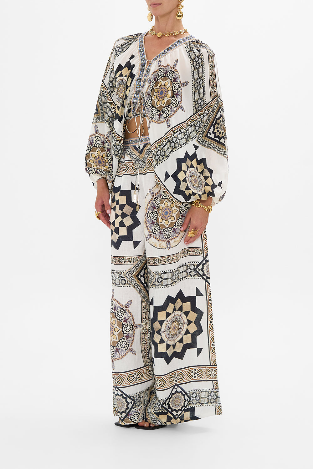 CAMILLA Lace-Up Front Blouson Sleeve Blouse in Tile Style Print