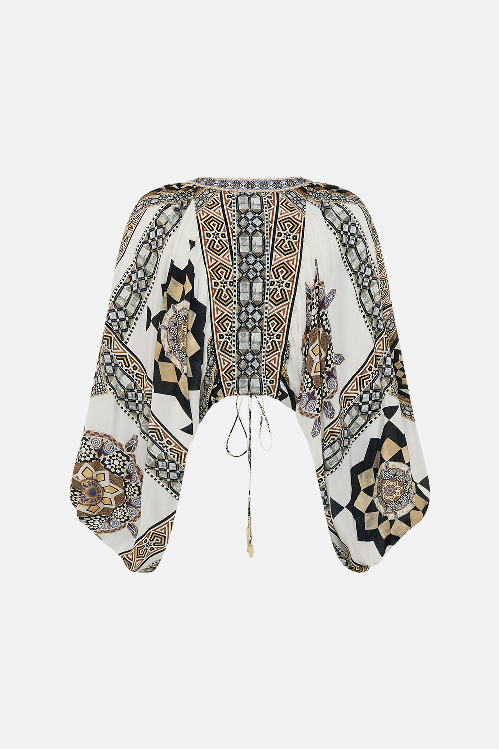 CAMILLA Lace-Up Front Blouson Sleeve Blouson in Tile Style Print