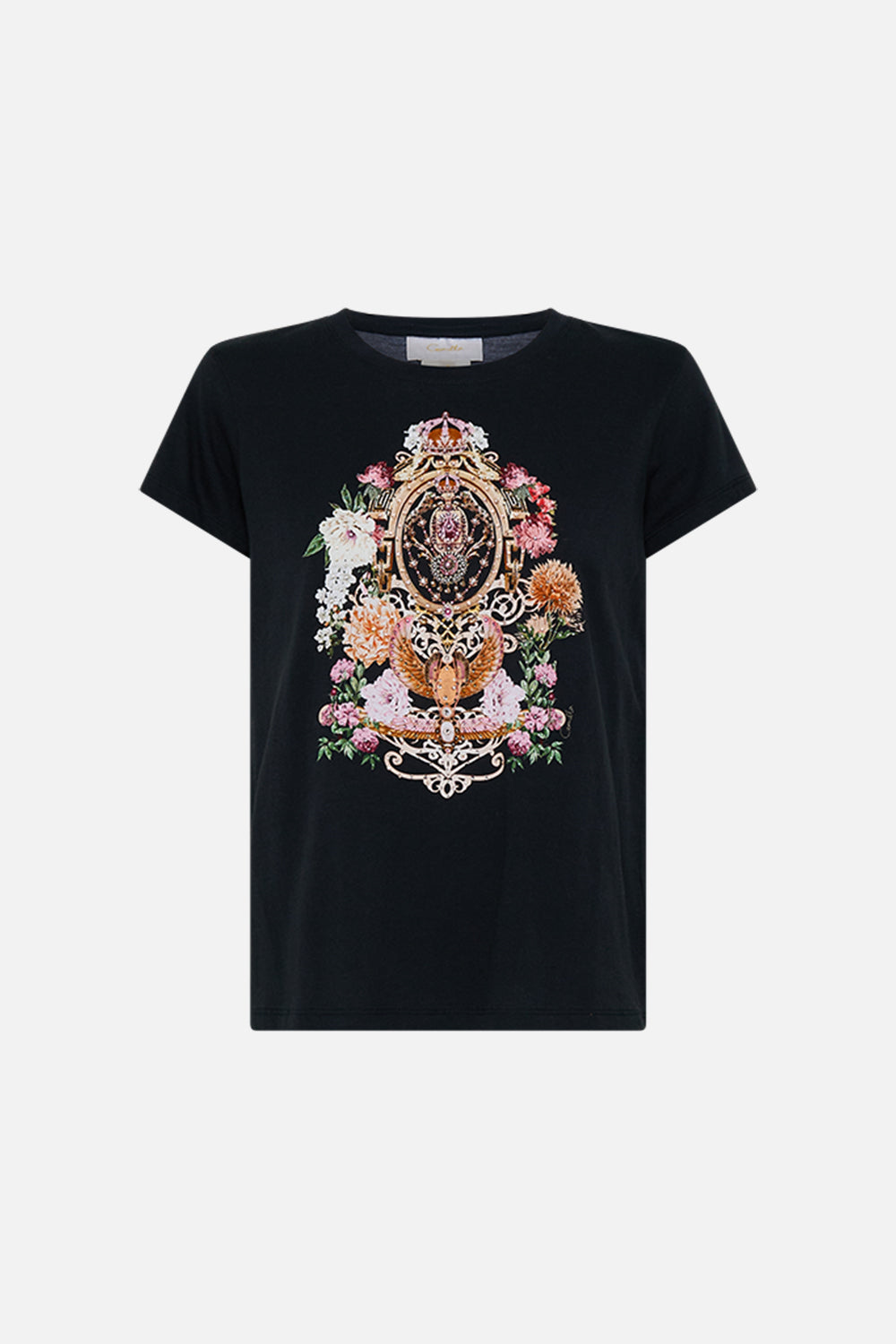 CAMILLA Slim fit round neck t-shirt - blk/multi in Adorned in Alexandria print.