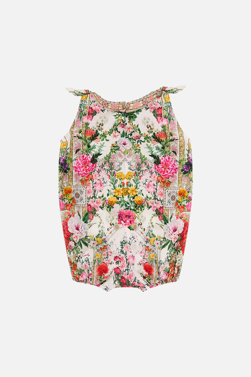CAMILLA Babies tie shoulder romper in Egyptian rose print.