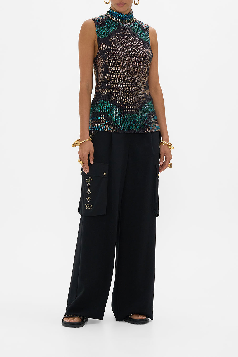 CAMILLA Sleeveless Jersey Turtleneck with Buttons in Other Side of the Oasis print.