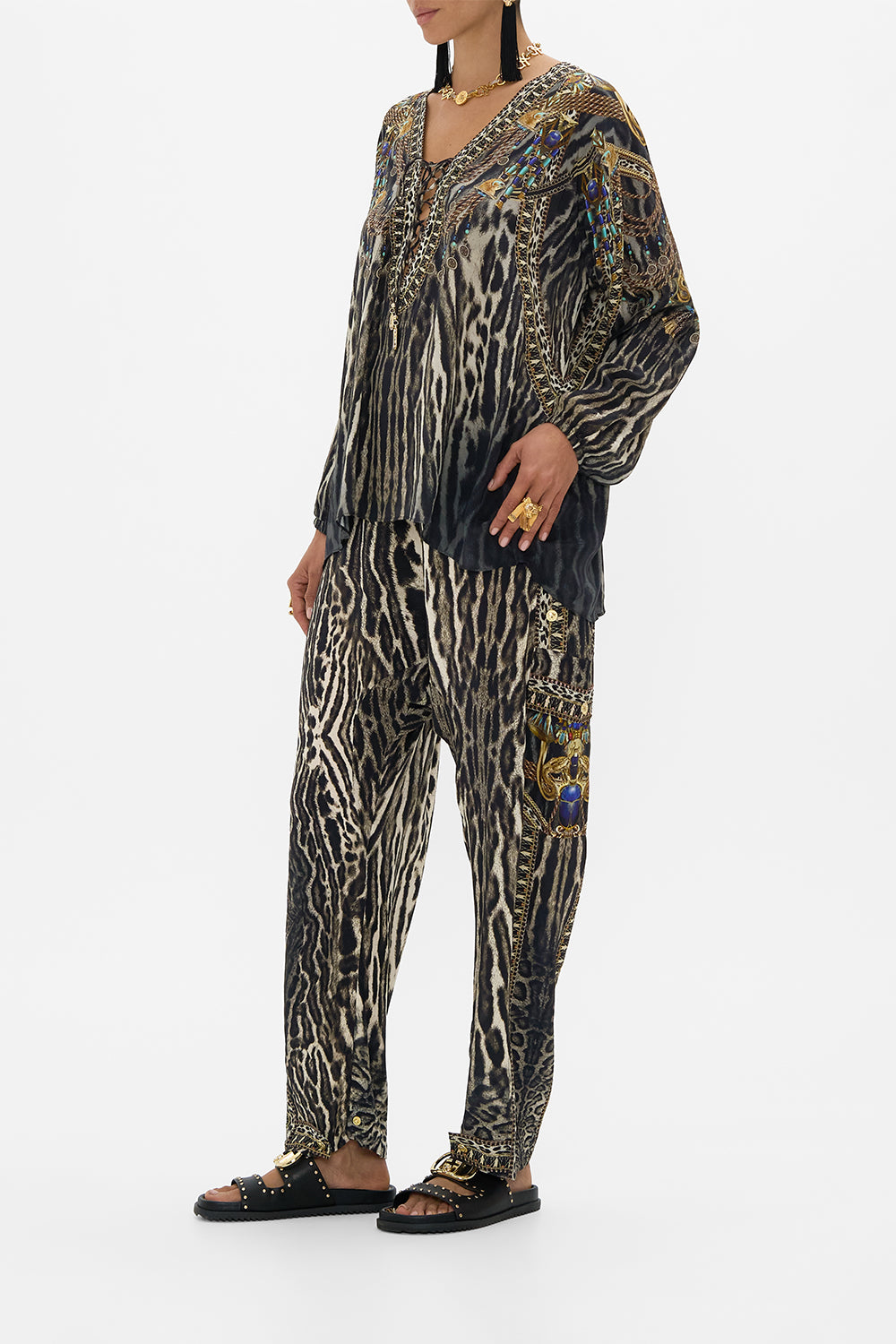 CAMILLA Lace Up Blouse in The Cat Worship print. 