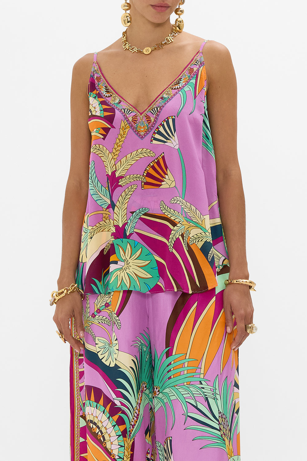CAMILLA V Neck Cami in Giza Goddess print.