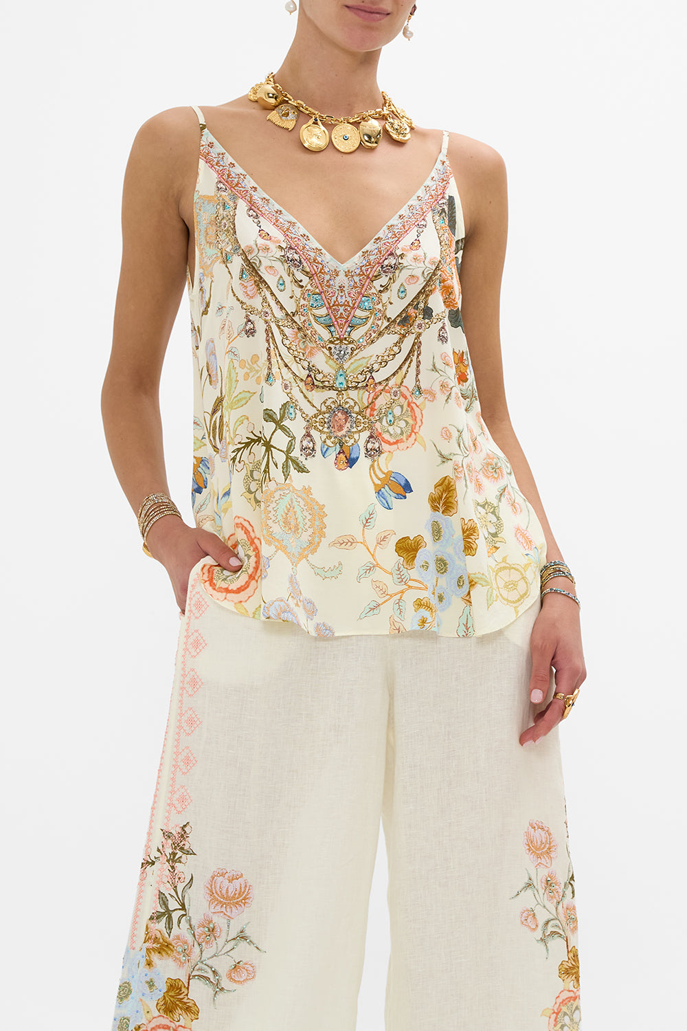 CAMILLA V Neck Cami in Honour of Heirlooms print