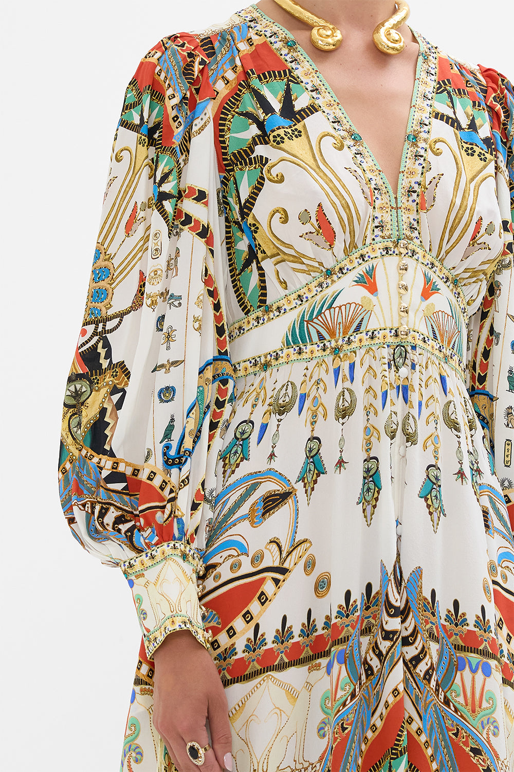 CAMILLA Shaped Waistband Dress With Gathered Sleeves in Valley Of The Queens print.