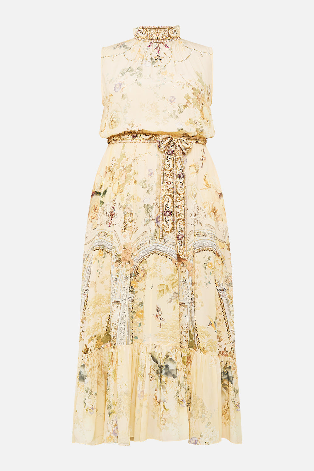 NECKTIE DRESS WITH ELASTICATED WAIST ADORNED IN ANTIQUITY