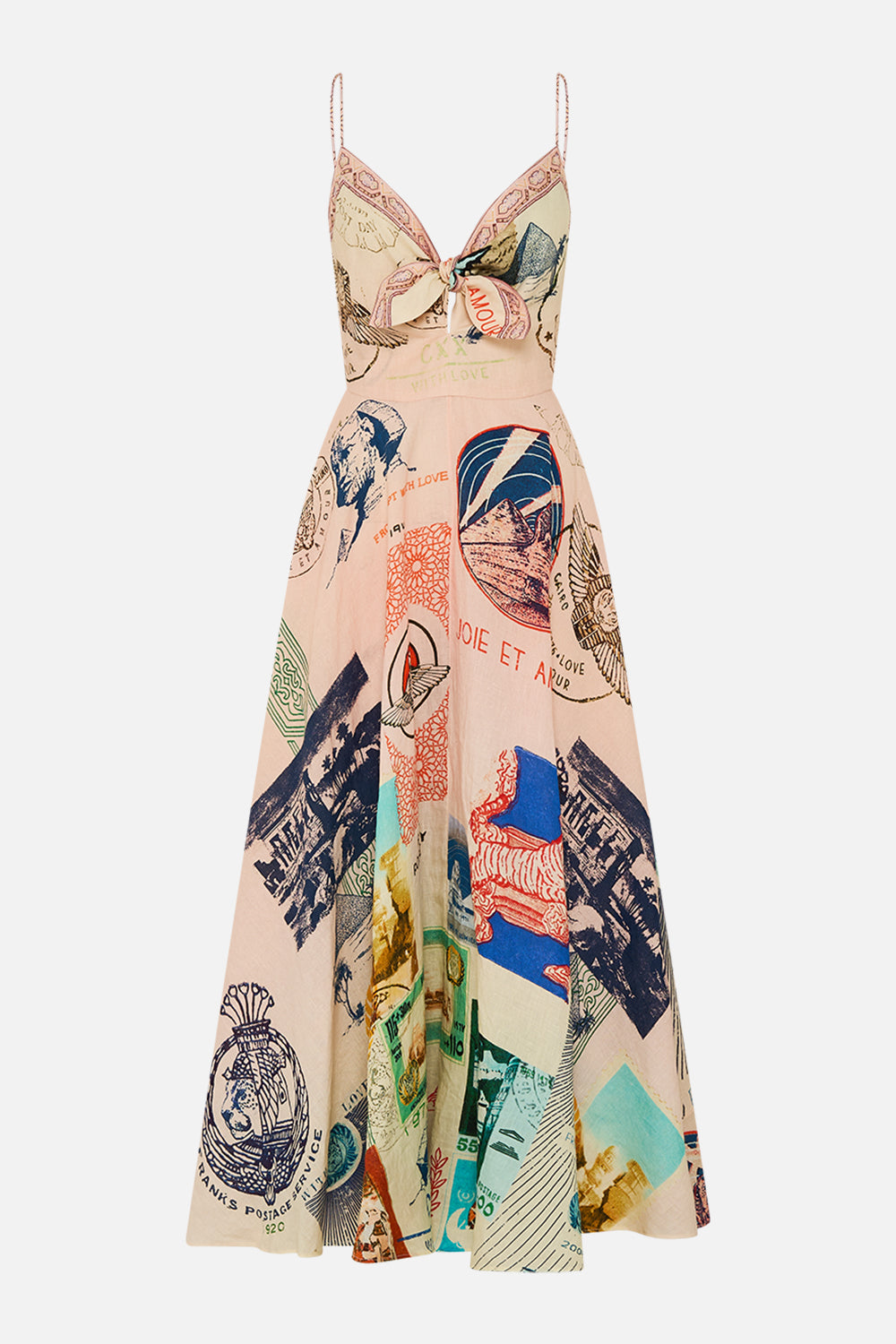 CAMILLA long dress with tie front in Haute Passport print. 