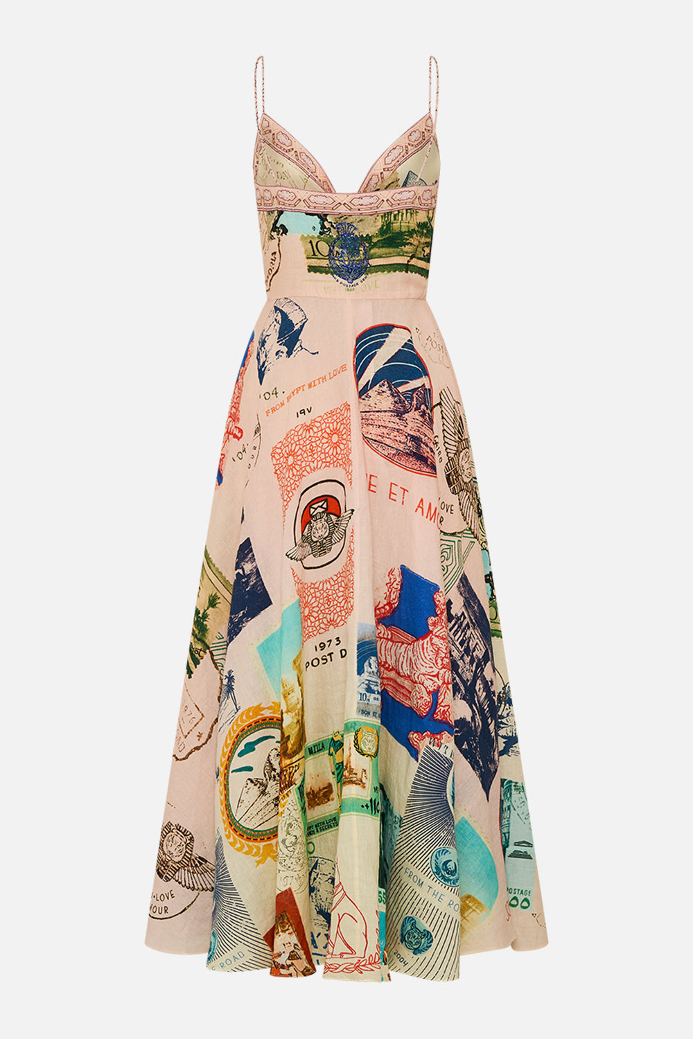 CAMILLA long dress with tie front in Haute Passport print. 