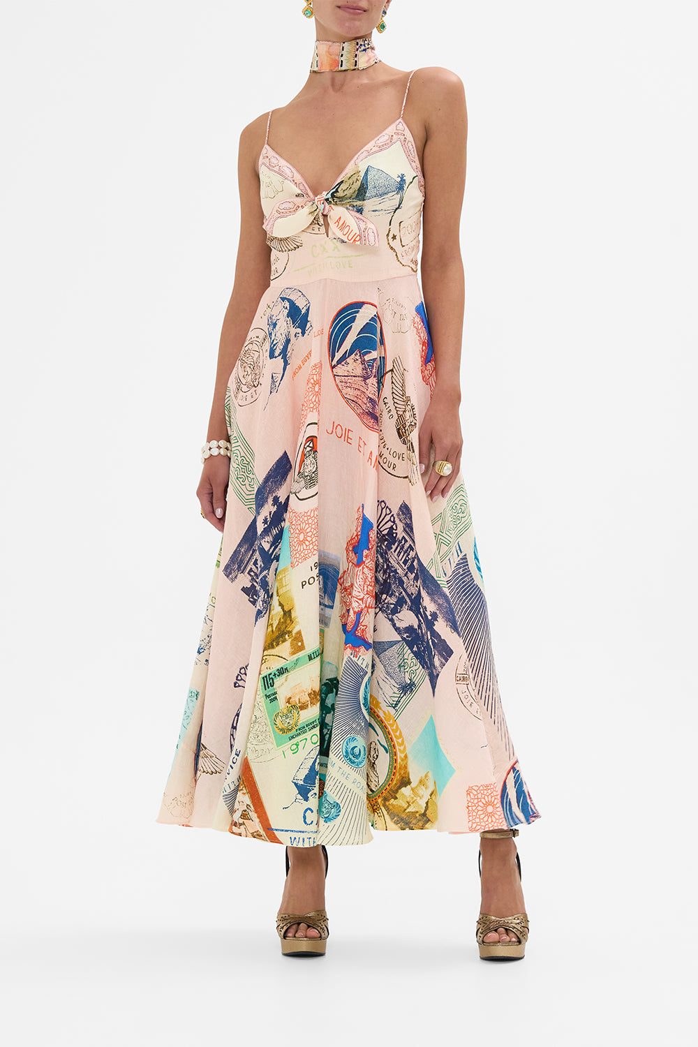 CAMILLA long dress with tie front in Haute Passport print. 