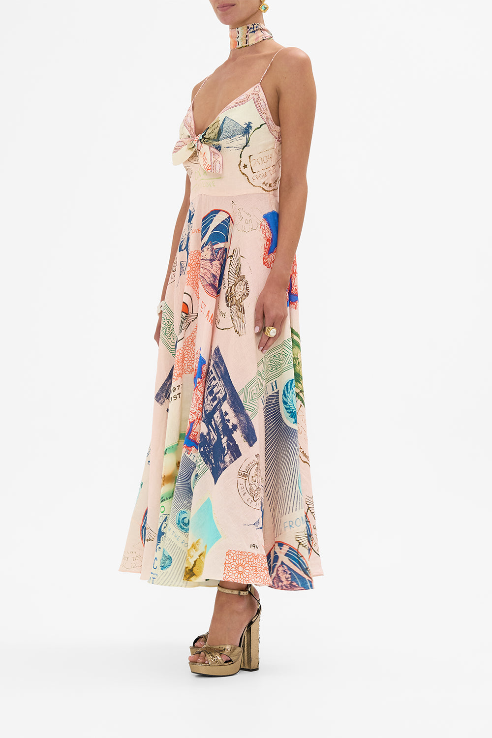 CAMILLA long dress with tie front in Haute Passport print. 