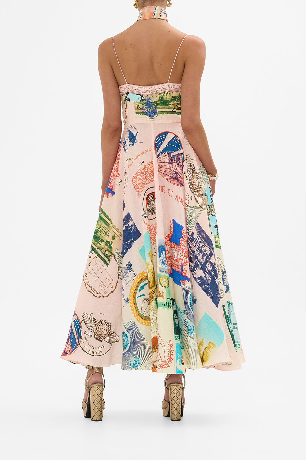 CAMILLA long dress with tie front in Haute Passport print. 