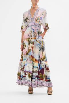 CAMILLA waisted dress with hem ruffle in Call Me in Cairo print. 