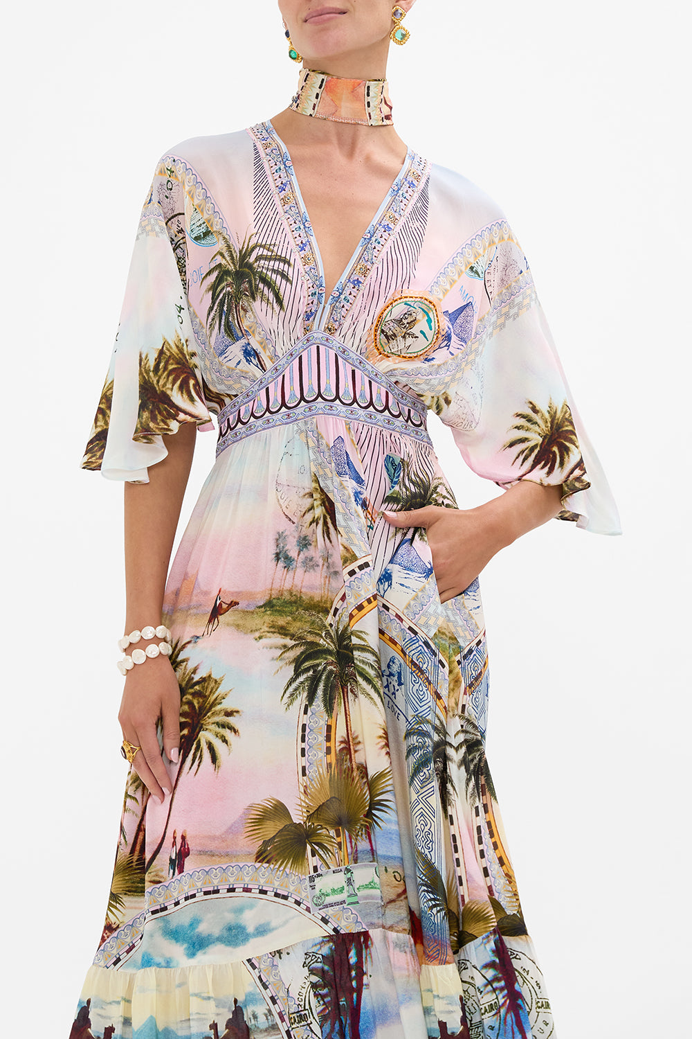 CAMILLA waisted dress with hem ruffle in Call Me in Cairo print. 