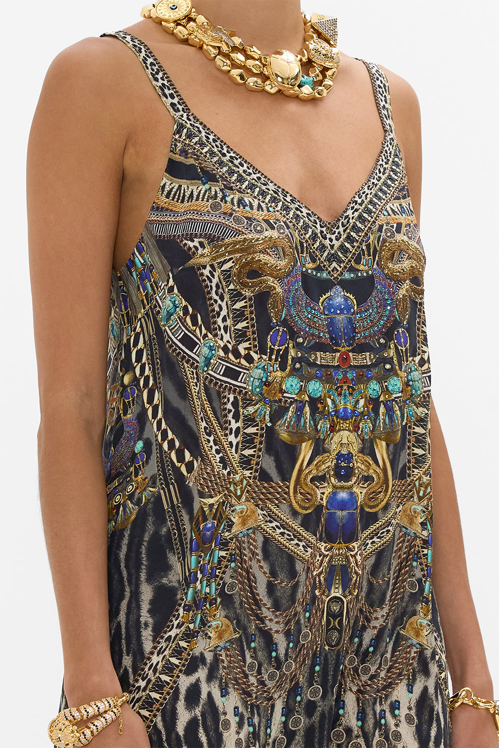 CAMILLA V Neck Midi Slip Dress in Cartouche Kingdom print. 