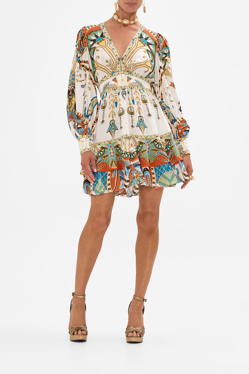 CAMILLA Button Front Frill Dress in Valley of the Queens print