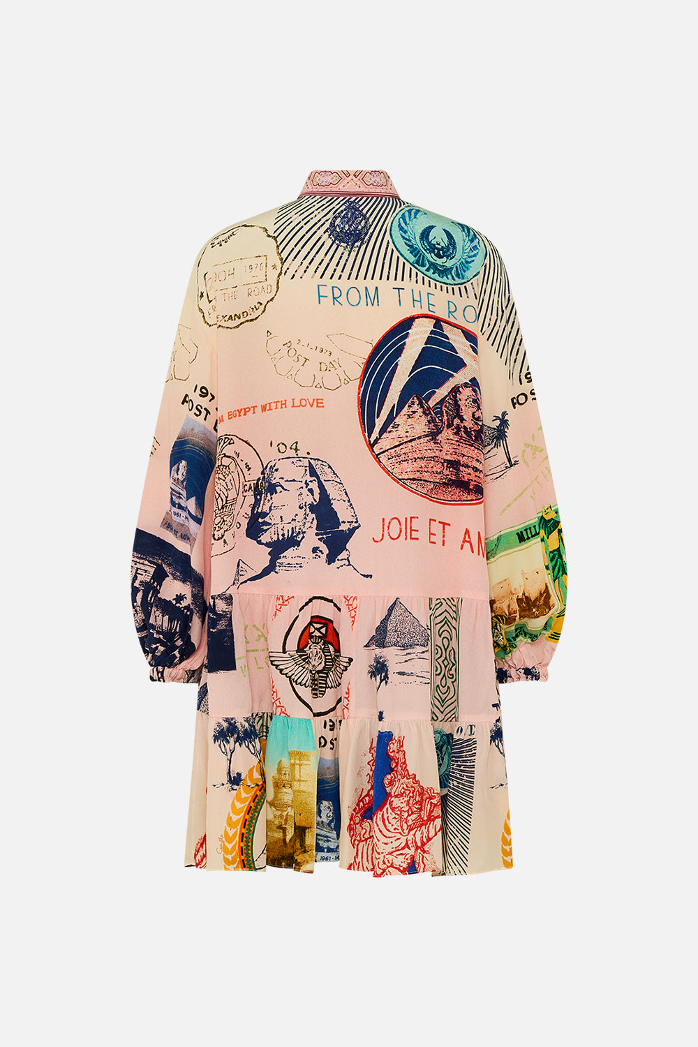 CAMILLA long sleeve tiered short dress in Haute Passport print. 