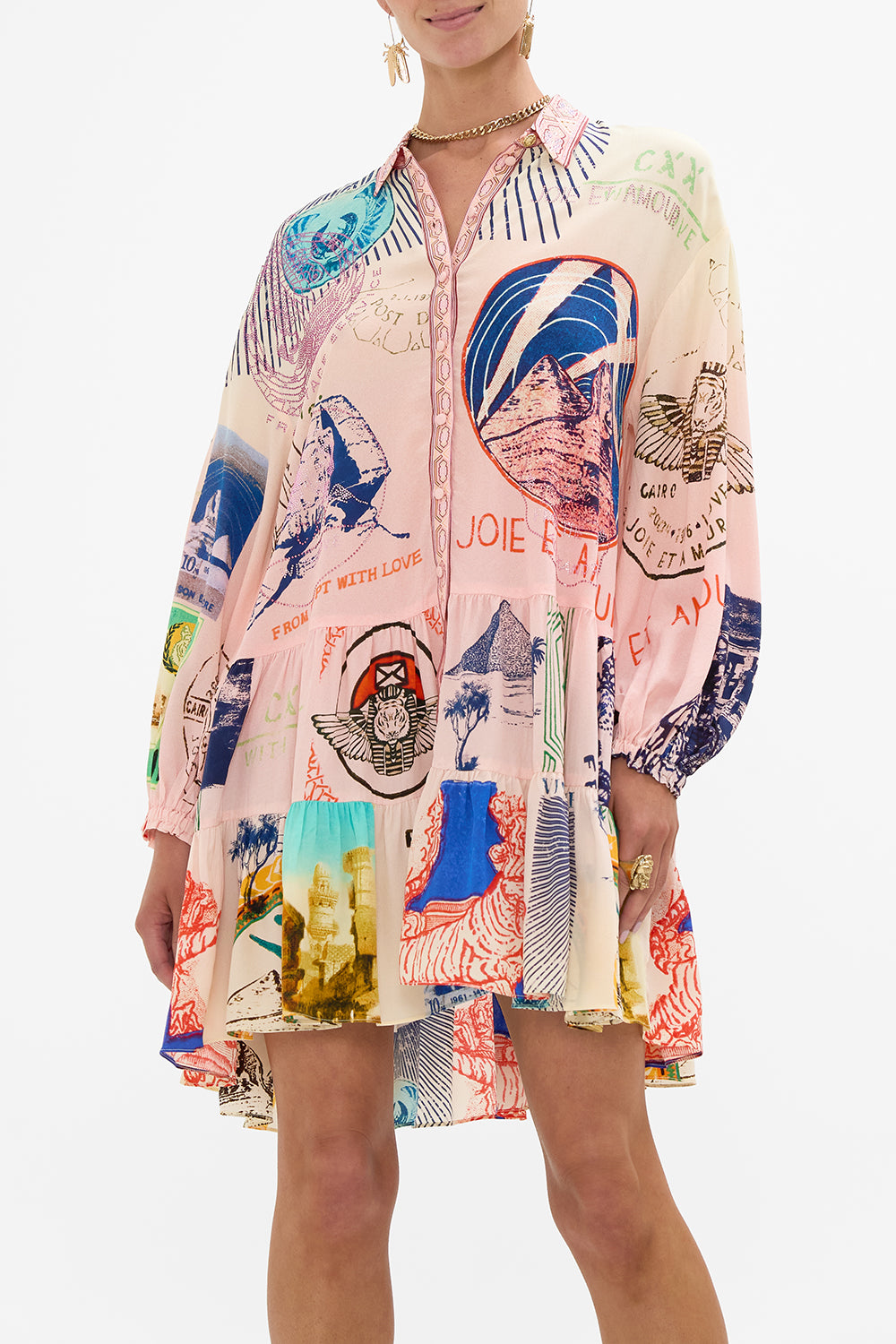 CAMILLA long sleeve tiered short dress in Haute Passport print. 