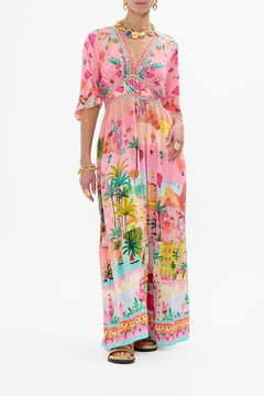 CAMILLA Waisted Dress with Hem Ruffle in Sister Sunet print. 