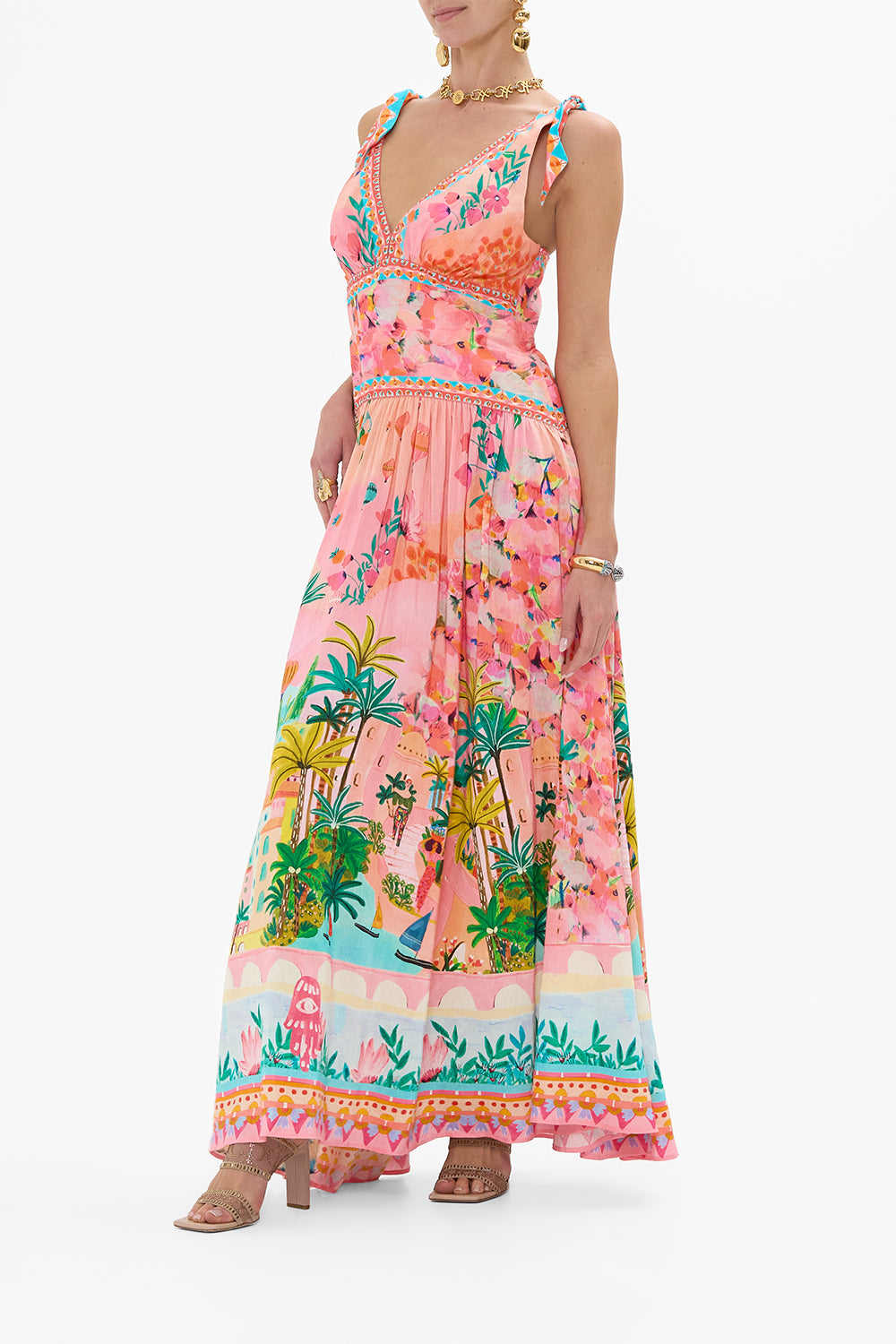 CAMILLA Tie Shoulder Dress in Sister Sunset print. 