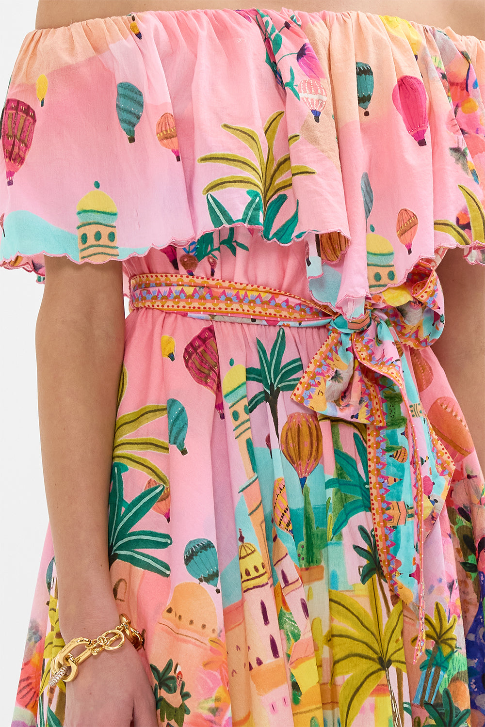 CAMILLA Shoulder Frill Short Dress in Sister Sunset print.