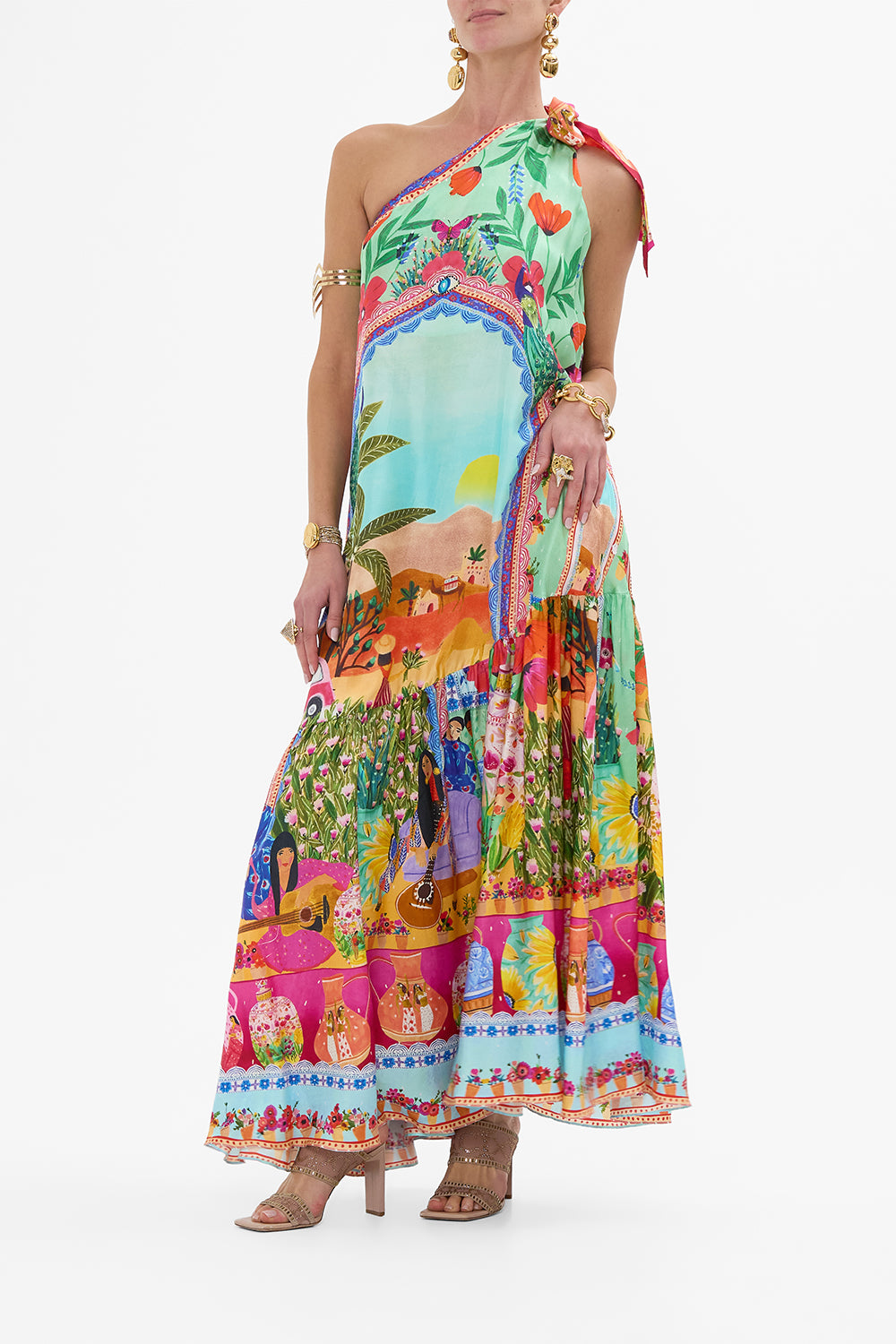 CAMILLA Tie One Shoulder Dress in Queens of Creation print. 