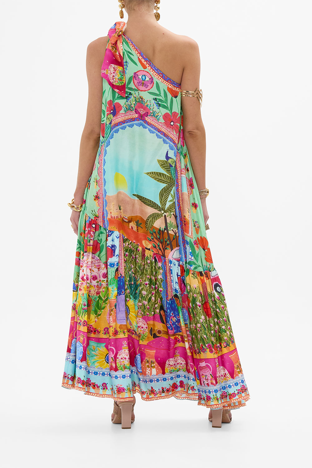 CAMILLA Tie One Shoulder Dress in Queens of Creation print. 